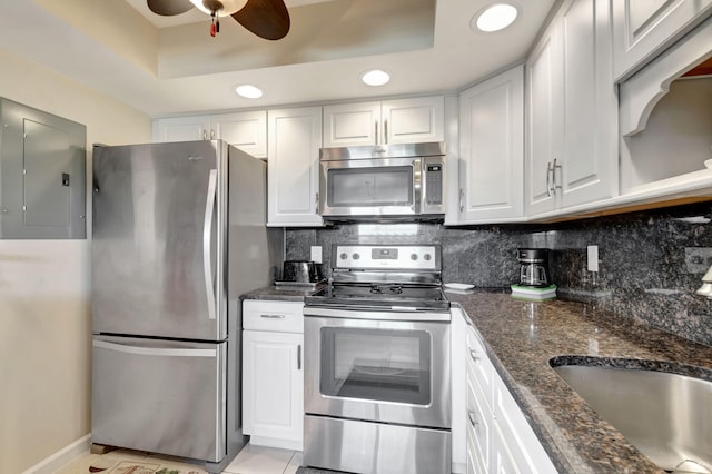 kitchen with electric panel, white cabinets, appliances with stainless steel finishes, a sink, and backsplash