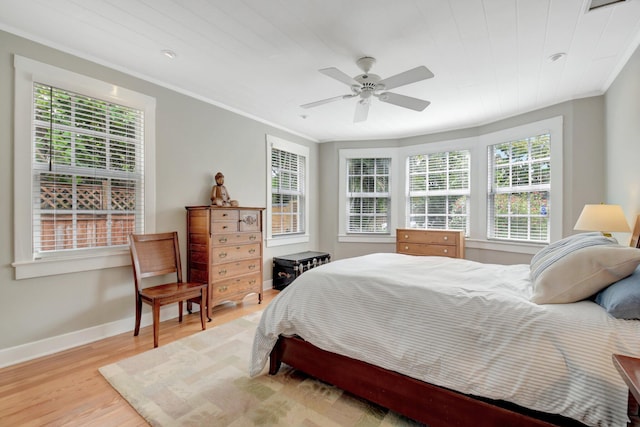 bedroom featuring ceiling fan, wood ceiling, baseboards, light wood-style floors, and crown molding