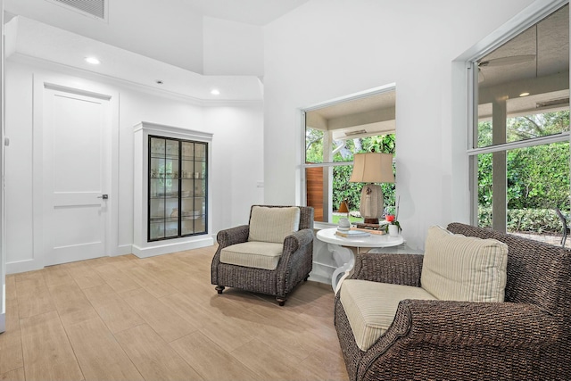 living area featuring a towering ceiling and light hardwood / wood-style flooring