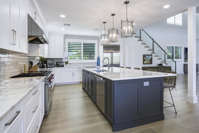 kitchen with premium appliances, a breakfast bar area, under cabinet range hood, a sink, and decorative backsplash