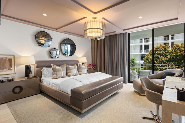 bedroom with coffered ceiling and recessed lighting