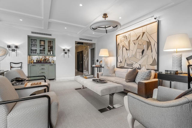 living area featuring recessed lighting, carpet flooring, a bar, coffered ceiling, and beamed ceiling