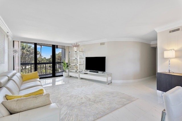4545 N Ocean Blvd Unit 3A, Boca Raton, FL 33431 - living room featuring ornamental molding, light marble finish floors, and baseboards