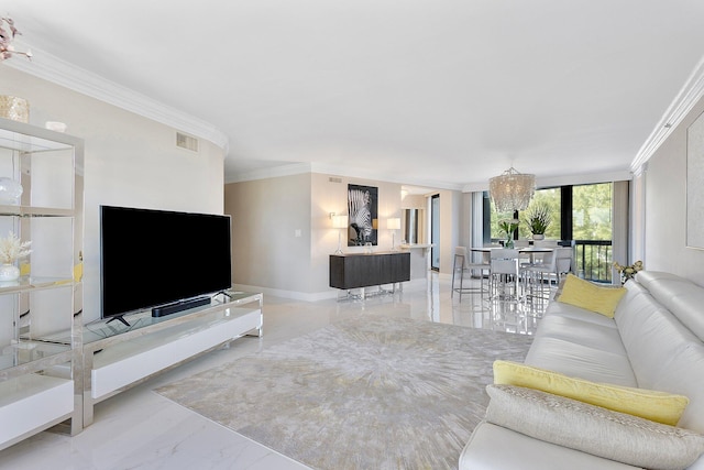 4545 N Ocean Blvd Unit 3A, Boca Raton, FL 33431 - living room with ornamental molding, marble finish flooring, and baseboards