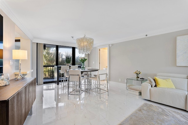 4545 N Ocean Blvd Unit 3A, Boca Raton, FL 33431 - dining space featuring a chandelier, crown molding, light marble finish floors, and expansive windows