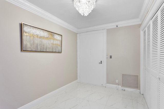 4545 N Ocean Blvd Unit 3A, Boca Raton, FL 33431 - unfurnished room with crown molding, baseboards, marble look tiles, and a chandelier