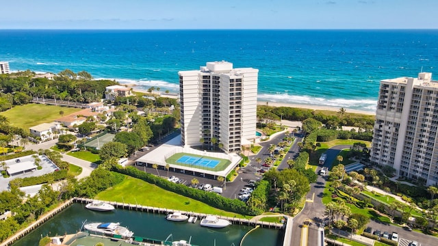 bird's eye view with a water view