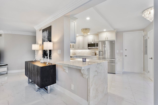 4545 N Ocean Blvd Unit 3A, Boca Raton, FL 33431 - kitchen featuring stainless steel appliances, light marble finish flooring, a peninsula, tasteful backsplash, and light stone countertops