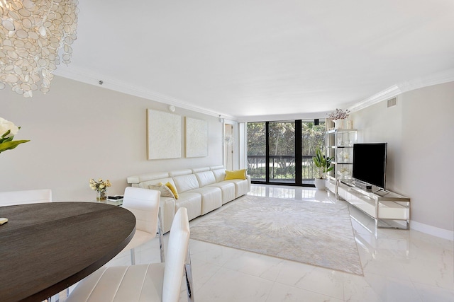 4545 N Ocean Blvd Unit 3A, Boca Raton, FL 33431 - living room featuring ornamental molding, light marble finish floors, baseboards, and floor to ceiling windows