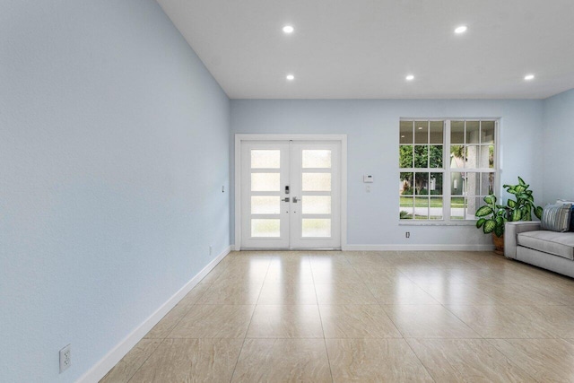 doorway to outside with recessed lighting, french doors, baseboards, and light tile patterned floors