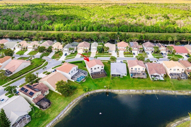 drone / aerial view featuring a water view