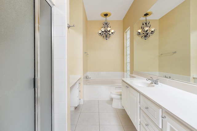 full bathroom with tile patterned flooring, a chandelier, separate shower and tub, vanity, and toilet