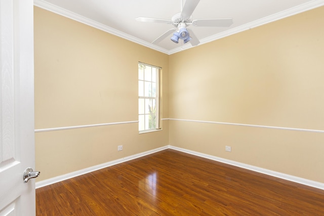 empty room with crown molding, ceiling fan, and wood-type flooring