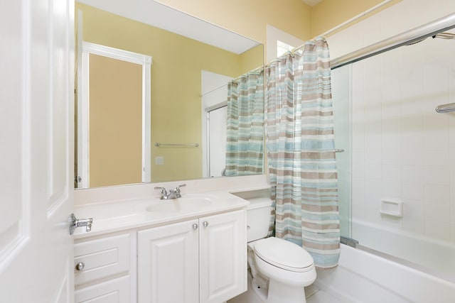 full bathroom with vanity, toilet, and shower / bathtub combination with curtain