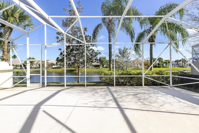 view of patio featuring a water view