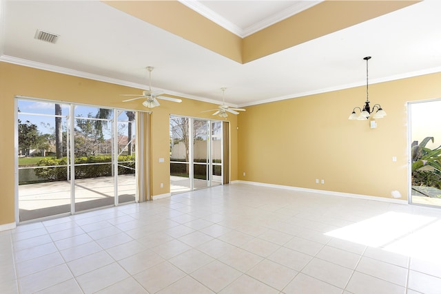 tiled spare room with crown molding and ceiling fan with notable chandelier