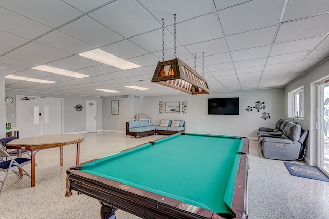 rec room featuring pool table, a drop ceiling, baseboards, and speckled floor