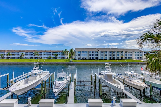 view of dock with a water view and boat lift