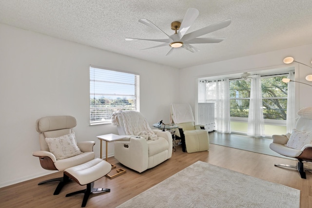 living area with plenty of natural light, a textured ceiling, and light wood-type flooring