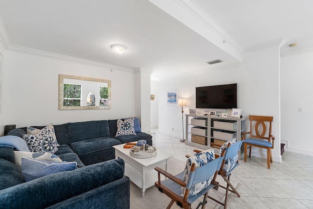 living room featuring light tile patterned flooring and crown molding