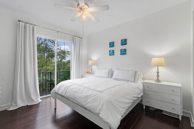 bedroom with access to exterior, dark wood-type flooring, and ceiling fan