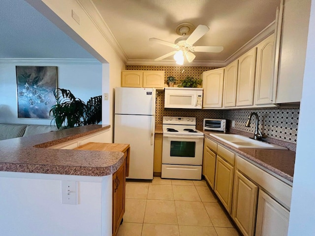 kitchen with light tile patterned floors, ornamental molding, a sink, ceiling fan, and white appliances