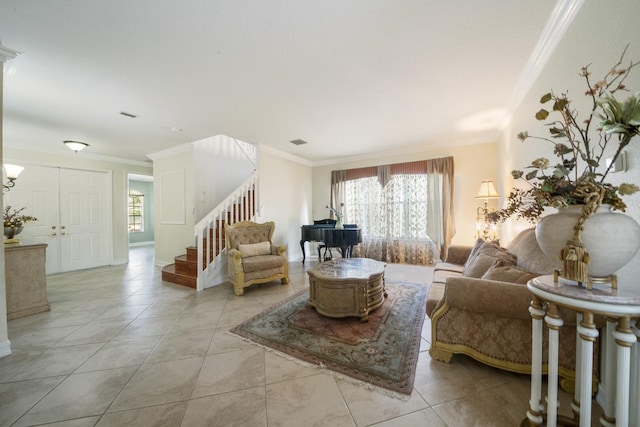 living area featuring crown molding, stairway, and light tile patterned flooring