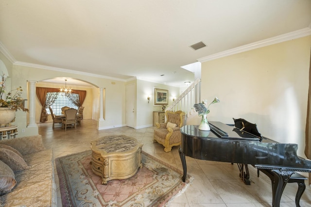 tiled living room featuring visible vents, a notable chandelier, arched walkways, decorative columns, and stairs