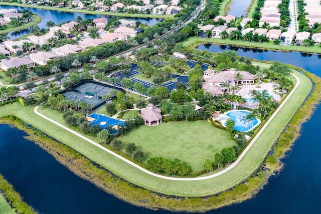 aerial view with a water view and a residential view