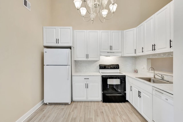 kitchen with light countertops, white cabinets, a sink, white appliances, and under cabinet range hood