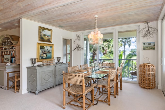 dining area featuring wood ceiling and light colored carpet