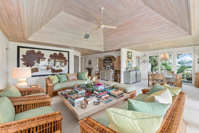 carpeted living room with ceiling fan and wooden ceiling