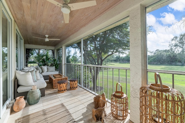 sunroom / solarium featuring ceiling fan and wood ceiling