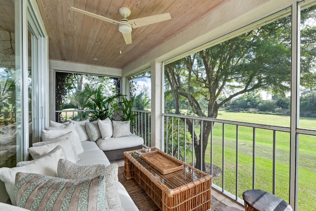 sunroom with a wealth of natural light, wooden ceiling, and ceiling fan