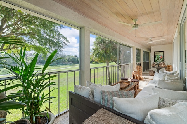 sunroom with wooden ceiling and ceiling fan