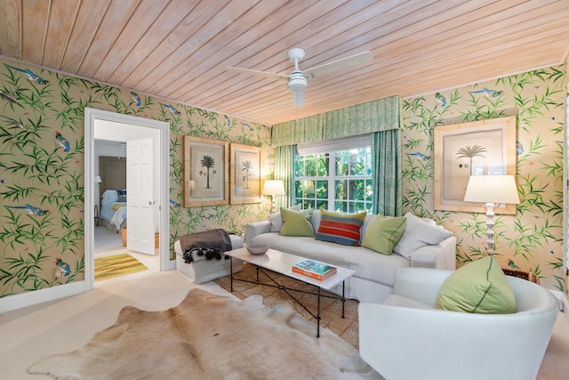 living room with wood ceiling, ceiling fan, and carpet flooring