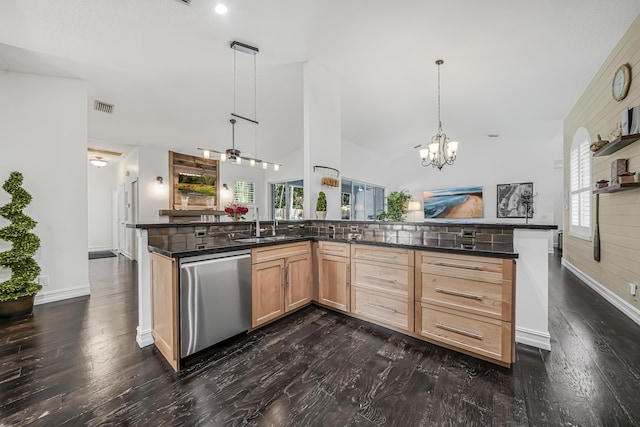 kitchen featuring pendant lighting, dark wood-style flooring, visible vents, light brown cabinetry, and dishwasher