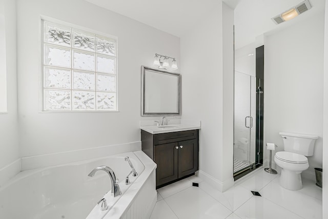 bathroom featuring a garden tub, toilet, vanity, visible vents, and a shower stall