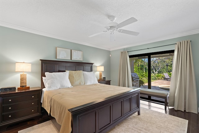 bedroom featuring light wood-type flooring, ornamental molding, access to exterior, ceiling fan, and a textured ceiling