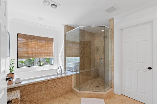 bathroom featuring crown molding, plus walk in shower, and tile patterned flooring