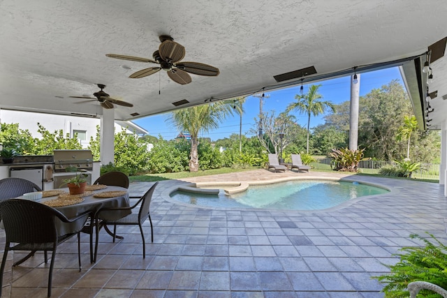 view of swimming pool with exterior kitchen, area for grilling, and a patio area