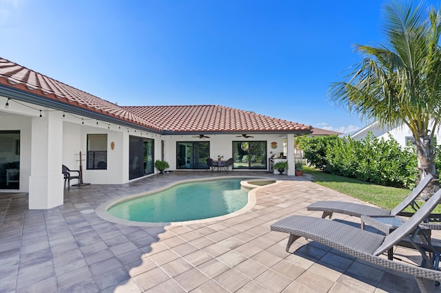 view of swimming pool with a patio and ceiling fan