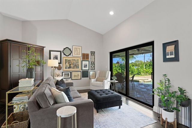 living room featuring light hardwood / wood-style flooring and high vaulted ceiling