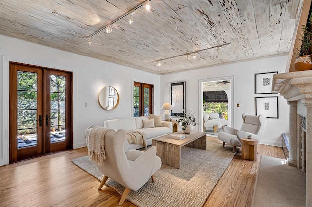 living room with rail lighting, light hardwood / wood-style floors, and french doors