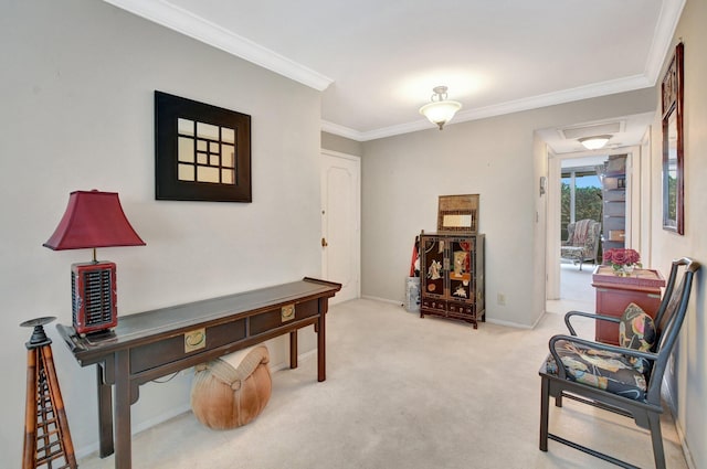 living area featuring ornamental molding and light colored carpet