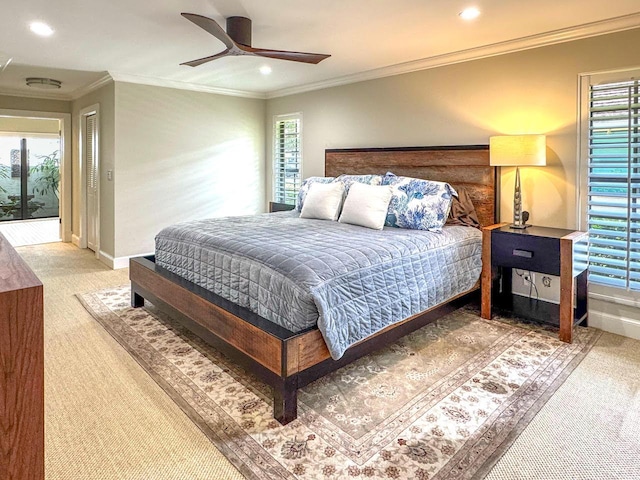 11373 Twelve Oaks Way E, North Palm Beach, FL 33408 - carpeted bedroom featuring recessed lighting, ornamental molding, baseboards, and a ceiling fan