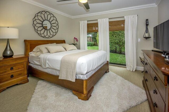 11373 Twelve Oaks Way E, North Palm Beach, FL 33408 - bedroom with carpet floors, crown molding, access to outside, ceiling fan, and baseboards