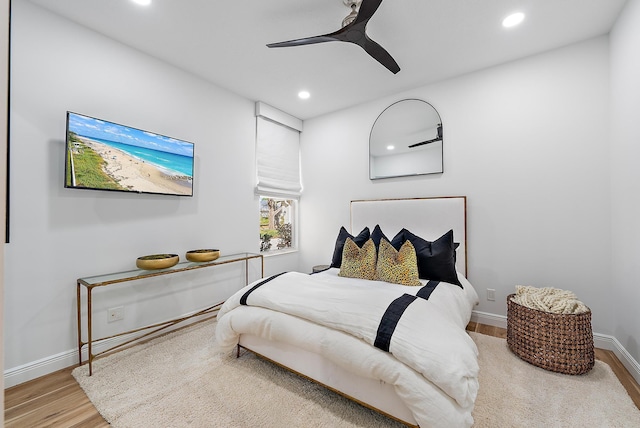 bedroom featuring ceiling fan and light wood-type flooring