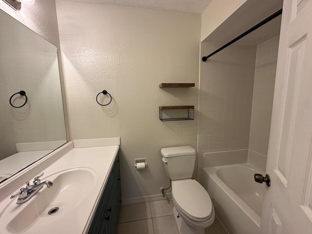 full bathroom featuring tiled shower / bath combo, vanity, tile patterned floors, and toilet