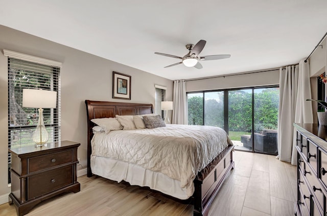 bedroom with ceiling fan, access to exterior, and light wood-type flooring